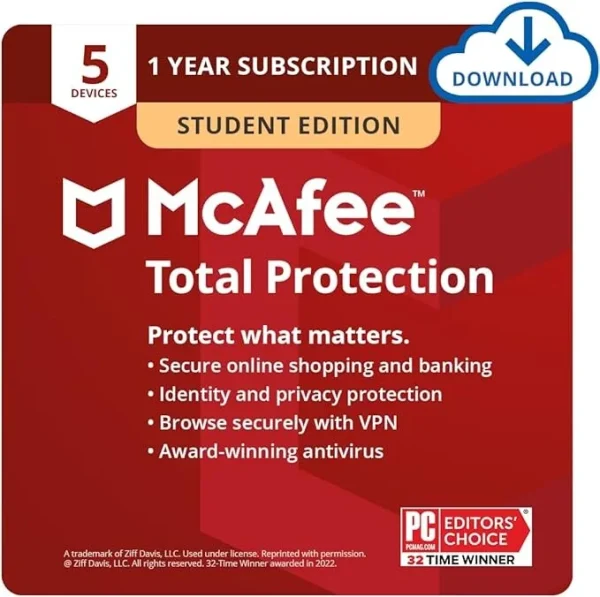 McAfee Total Protection 2022 Student Edition | 5 Device | Antivirus Internet Security Software | VPN, Password Manager, Dark Web Monitoring | PC/Mac/Android/iOS | 1 Year Subscription | Download Code - Prime Student Exclusive