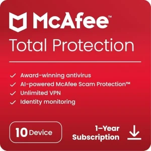 McAfee Total Protection | 10 Device | Antivirus Internet Security Software | VPN, Password Manager, Dark Web Monitoring & Parental Controls | 1 Year Subscription | Download Code